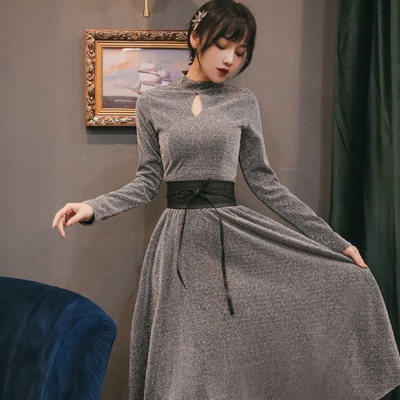 Dresses & Skirts - Metallic Silver Glitter Midi Women Dress